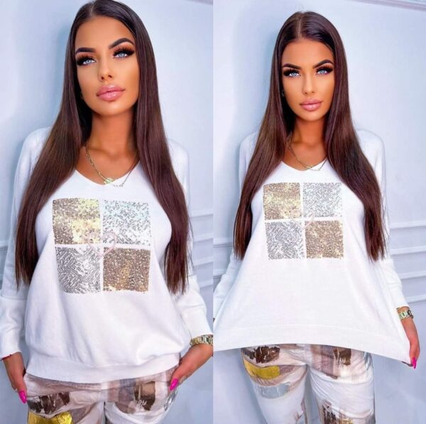 Damen Pullover weiß mit Silber-Gold Applikation